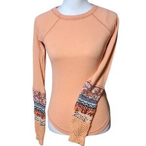 Free People Small In The Mix Cuff Thermal Waffle Knit Top Crochet Boho